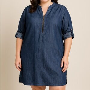Anne Klein Dark Denim Casual Zip Down Shirt Dress
